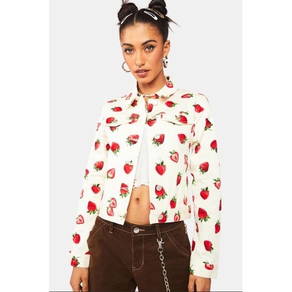Blackberry Hill Jackets & Blazers - Dangerfield Dolls Kill Strawberry Drill Print Denim Jacket Trucker Coat sz 10